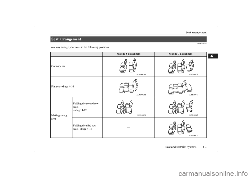 MITSUBISHI OUTLANDER 2014 3.G Owners Manual Seat arrangement 
Seat and restraint systems 4-3
4
N00401701122
You may arrange your seats  
in the following positions.
Seat arrangement 
Seating 5 passengers
Seating 7 passengers 
Ordinary use Flat 