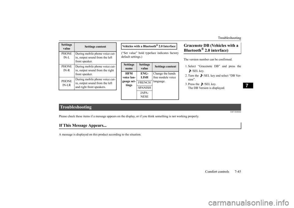 MITSUBISHI OUTLANDER 2015 3.G Owners Manual Troubleshooting 
Comfort controls 7-45
7
(“Set value” bold typefa 
ce indicates factory 
default settings.) 
The version number can be confirmed. 1. Select “Gracenote DB” and press the 
/SEL k