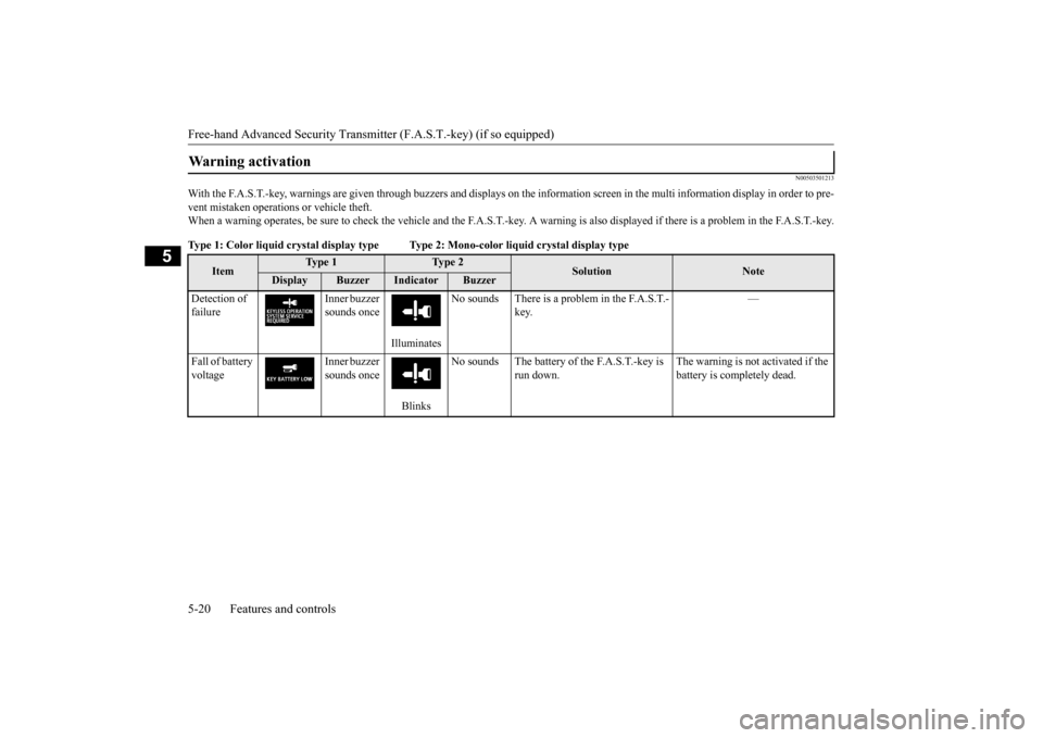 MITSUBISHI OUTLANDER 2016 3.G Owners Manual Free-hand Advanced 
Security Transmitter (F.A.S
.T.-key) (if so equipped) 
5-20 Features and controls
5
N00503501213
With the F.A.S.T.-key, warnings are given through buzzers and di 
splays on the inf