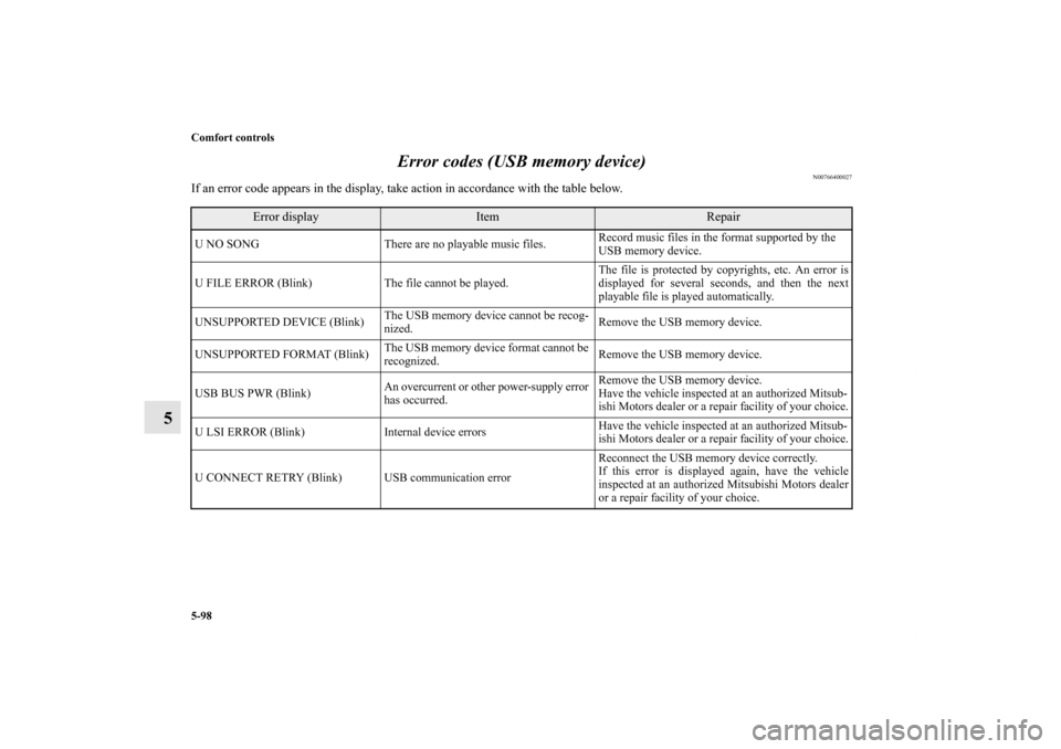 MITSUBISHI OUTLANDER SPORT 2011 3.G Owners Manual 5-98 Comfort controls
5Error codes (USB memory device)
N00766400027
If an error code appears in the display, take action in accordance with the table below.
Error display
Item
Repair
U NO SONG There a MITSUBISHI OUTLANDER SPORT 2011 3.G Owners Manual 5-98 Comfort controls
5Error codes (USB memory device)
N00766400027
If an error code appears in the display, take action in accordance with the table below.
Error display
Item
Repair
U NO SONG There a