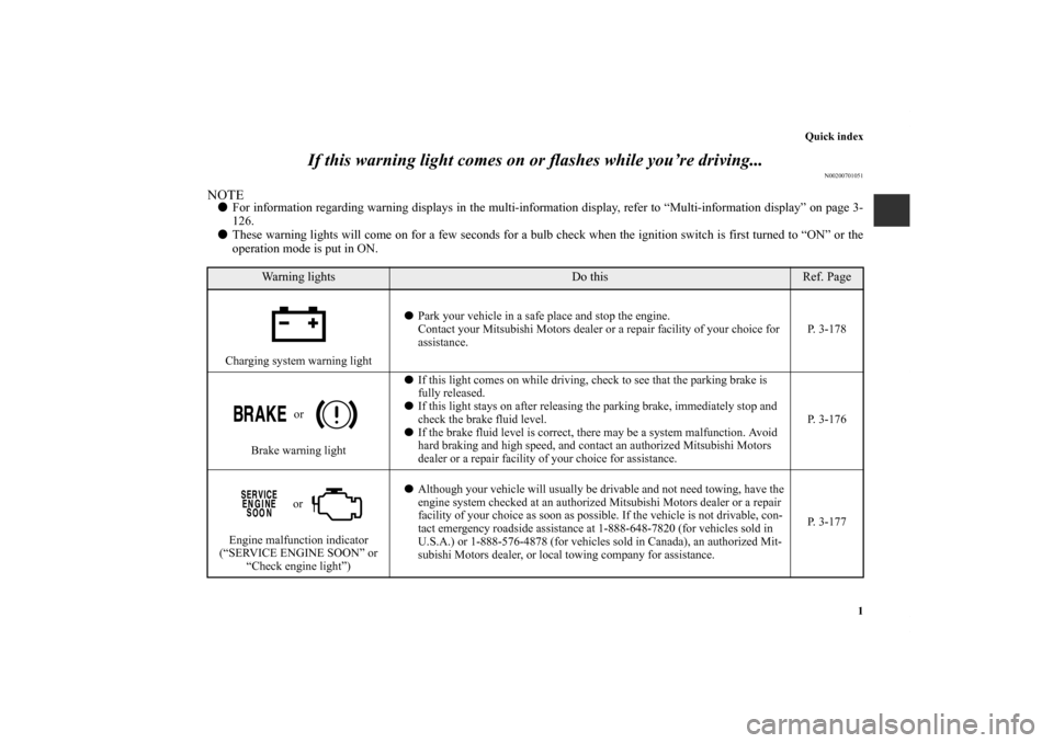 MITSUBISHI OUTLANDER SPORT 2011 3.G Owners Manual Quick index
1
If this warning light comes on or flashes while you’re driving...
N00200701051
NOTEFor information regarding warning displays in the multi-information display, refer to “Multi-infor MITSUBISHI OUTLANDER SPORT 2011 3.G Owners Manual Quick index
1
If this warning light comes on or flashes while you’re driving...
N00200701051
NOTEFor information regarding warning displays in the multi-information display, refer to “Multi-infor