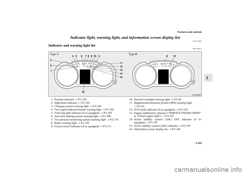 MITSUBISHI OUTLANDER SPORT 2012 3.G Owners Manual Features and controls
3-165
3 Indicator light, warning light, and information screen display list
N00557700048
Indicator and warning light list
N00557800254
Type A Type B1- Position indicator → P.3- MITSUBISHI OUTLANDER SPORT 2012 3.G Owners Manual Features and controls
3-165
3 Indicator light, warning light, and information screen display list
N00557700048
Indicator and warning light list
N00557800254
Type A Type B1- Position indicator → P.3-