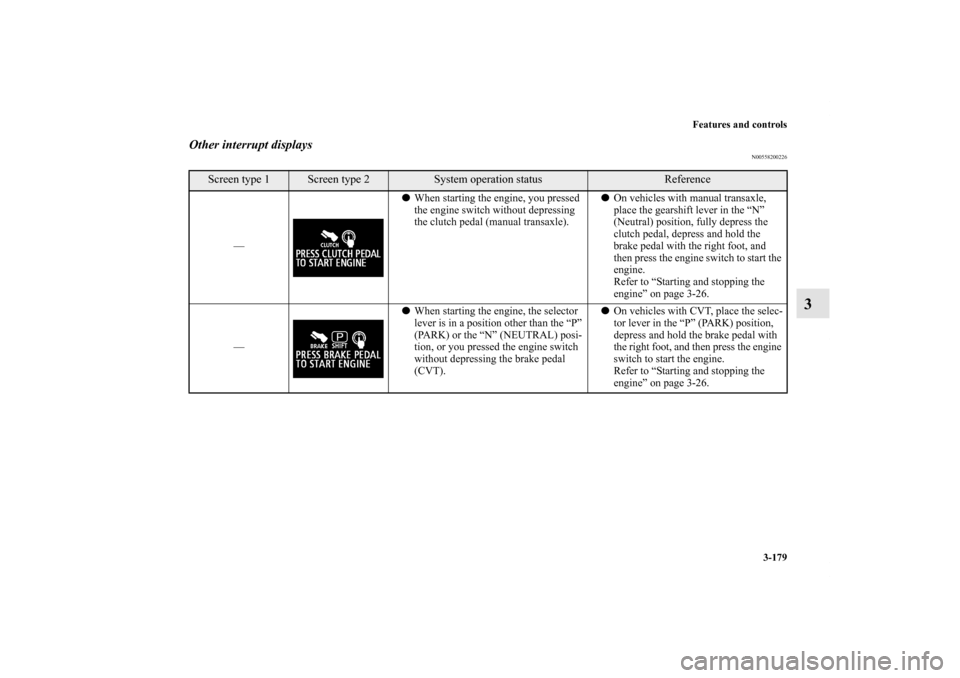 MITSUBISHI OUTLANDER SPORT 2012 3.G Owners Manual Features and controls
3-179
3
Other interrupt displays
N00558200226
Screen type 1
Screen type 2
System operation status
Reference
—When starting the engine, you pressed
the engine switch without d MITSUBISHI OUTLANDER SPORT 2012 3.G Owners Manual Features and controls
3-179
3
Other interrupt displays
N00558200226
Screen type 1
Screen type 2
System operation status
Reference
—When starting the engine, you pressed
the engine switch without d