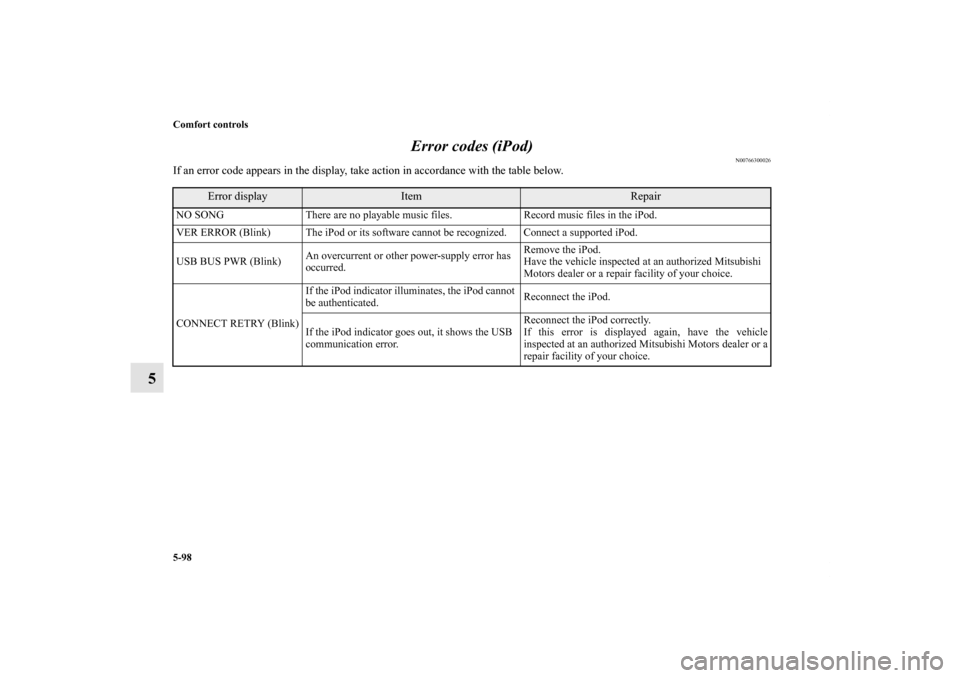 MITSUBISHI OUTLANDER SPORT 2012 3.G Owners Manual 5-98 Comfort controls
5Error codes (iPod)
N00766300026
If an error code appears in the display, take action in accordance with the table below.
Error display
Item
Repair
NO SONG There are no playable 