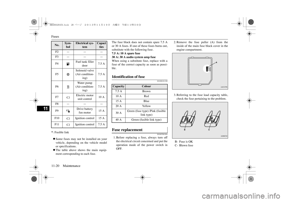 MITSUBISHI OUTLANDER SPORT 2014 3.G Owners Manual Fuses11-20 Maintenance
11
*: Fusible link�zSome  fuses  may  not  be  installed  on  yourvehicle,  depending  on  the  vehicle  modelor specifications.�zThe  table  above  shows  the  main  equip-ment
