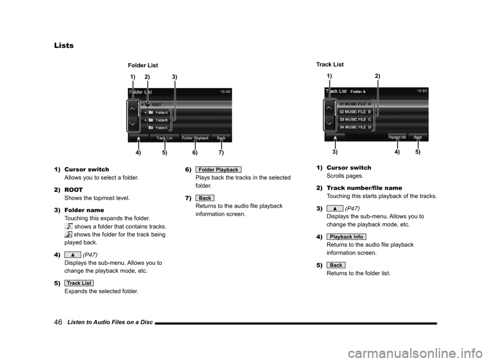 MITSUBISHI OUTLANDER SPORT 2014 3.G Display Audio Manual 46   Listen to Audio Files on a Disc
Lists
4)5)6)7)
1)2) 3)
Folder Lis t
1) Cursor switch 
Allows you to select a folder.
2) ROOT  Shows the topmost level.
3)  Folder name 
Touching	this	expands	the	f