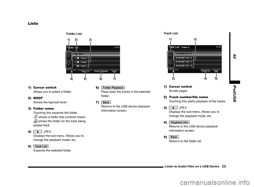 MITSUBISHI OUTLANDER SPORT 2014 3.G Display Audio Manual Listen to Audio Files on a USB Device   59
AViPod/USB
Lists
4)5)6)7)
1)2) 3)
Folder Lis t
1) Cursor switch 
Allows you to select a folder.
2) ROOT  Shows the topmost level.
3)  Folder name 
Touching	t