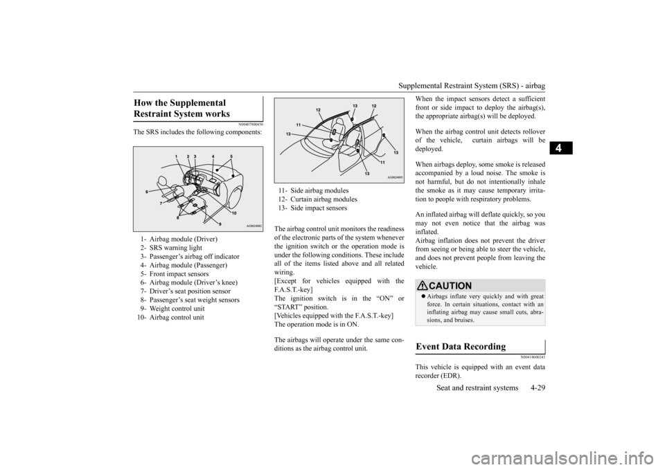 MITSUBISHI OUTLANDER SPORT 2015 3.G Owners Manual Supplemental Restraint System (SRS) - airbag
Seat and restraint systems 4-29
4
N00407800450
The SRS includes the following components:
The airbag control unit monitors the readiness of the electroni MITSUBISHI OUTLANDER SPORT 2015 3.G Owners Manual Supplemental Restraint System (SRS) - airbag
Seat and restraint systems 4-29
4
N00407800450
The SRS includes the following components:
The airbag control unit monitors the readiness of the electroni
