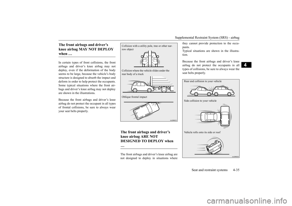 MITSUBISHI OUTLANDER SPORT 2015 3.G Owners Manual Supplemental Restraint System (SRS) - airbag
Seat and restraint systems 4-35
4
In certain types of front collisions, the front airbags and driver’s knee airbag may not deploy, even if the deformati MITSUBISHI OUTLANDER SPORT 2015 3.G Owners Manual Supplemental Restraint System (SRS) - airbag
Seat and restraint systems 4-35
4
In certain types of front collisions, the front airbags and driver’s knee airbag may not deploy, even if the deformati
