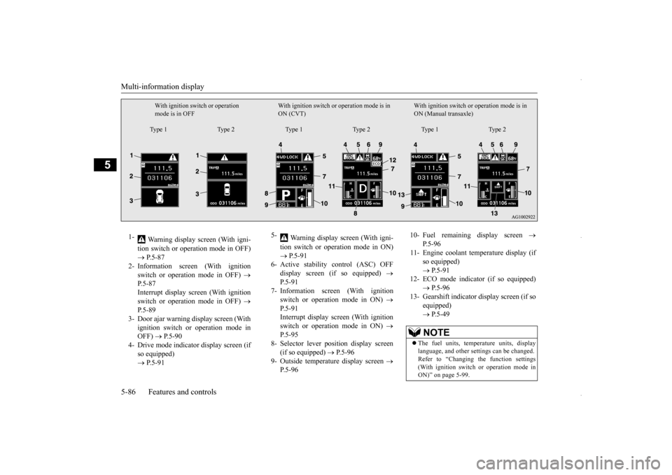 MITSUBISHI OUTLANDER SPORT 2016 3.G Owners Manual Multi-information display 5-86 Features and controls
5
With ignition switch or operation  mode is in OFF 
With ignition switch or operation mode is in  ON (CVT) 
With ignition switch or  
operation mo