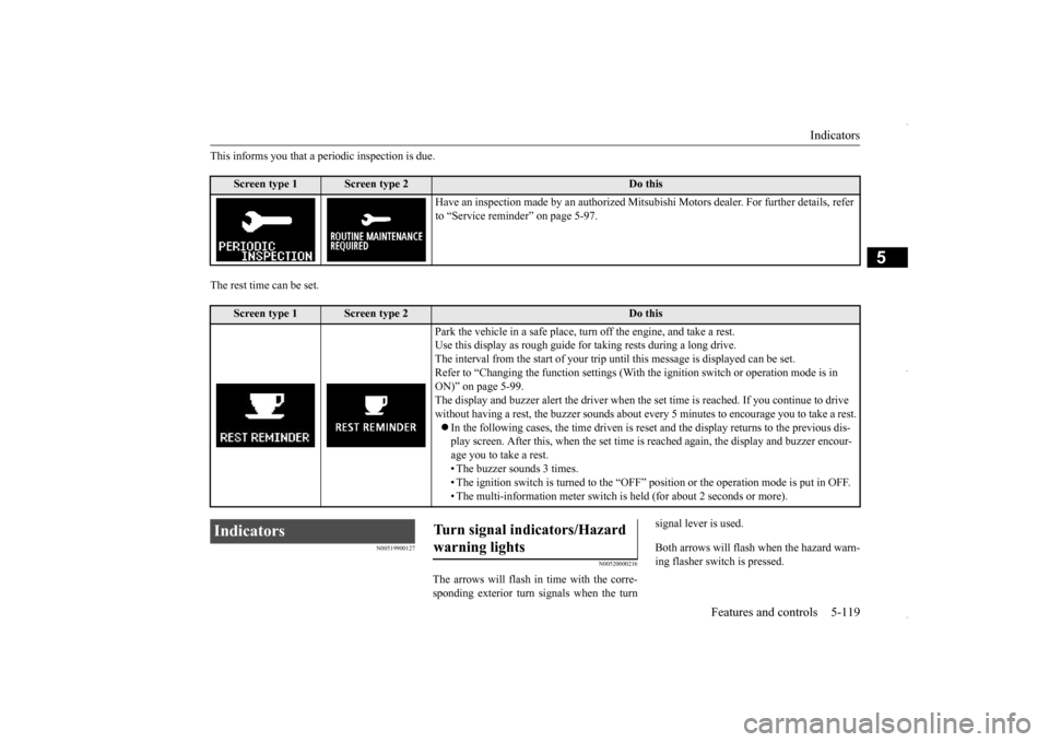 MITSUBISHI OUTLANDER SPORT 2016 3.G Owners Manual Indicators 
Features and controls 5-119
5
This informs you that a periodic inspection is due. The rest time can be set.
N00519900127 
N00520000216
The arrows will flash in time with the corre- spondin