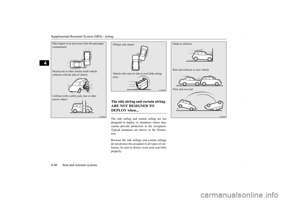 MITSUBISHI OUTLANDER SPORT 2016 3.G Owners Manual Supplemental Restraint System (SRS) - airbag 4-40 Seat and restraint systems
4
The side airbag and curtain airbag are not designed to deploy in situations where they cannot provide protection to the o