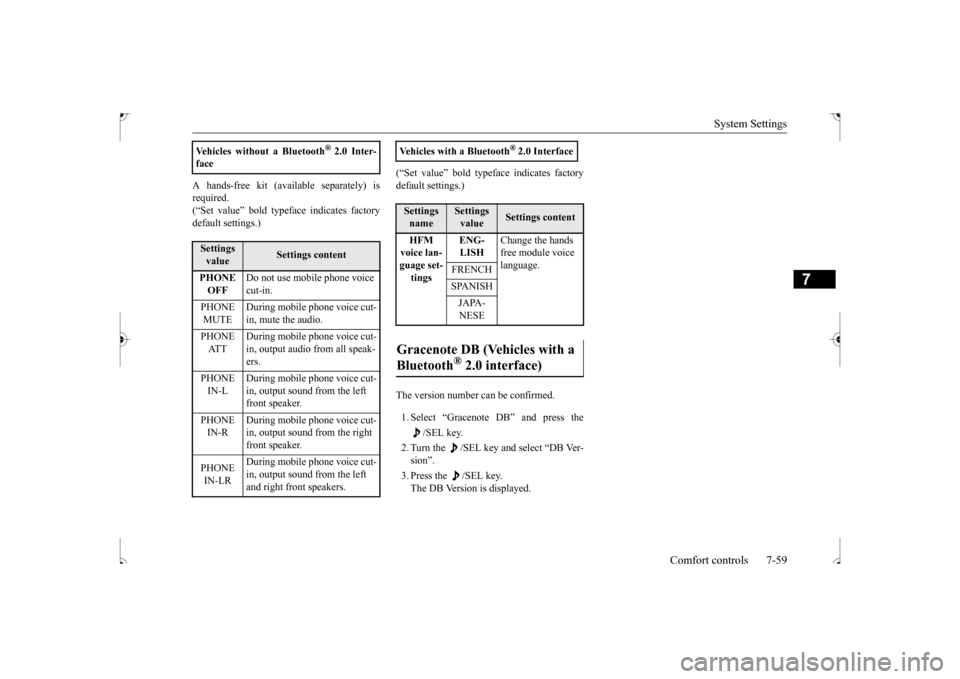 MITSUBISHI OUTLANDER SPORT 2017 3.G Owners Manual System Settings
Comfort controls 7-59
7
A hands-free kit (available separately) is required. (“Set value” bold typeface indicates factorydefault settings.)
(“Set value” bold typeface indicat MITSUBISHI OUTLANDER SPORT 2017 3.G Owners Manual System Settings
Comfort controls 7-59
7
A hands-free kit (available separately) is required. (“Set value” bold typeface indicates factorydefault settings.)
(“Set value” bold typeface indicat