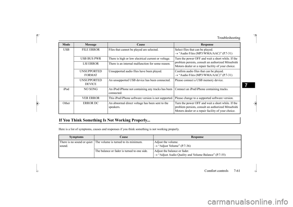MITSUBISHI OUTLANDER SPORT 2017 3.G Owners Manual Troubleshooting
Comfort controls 7-61
7
Here is a list of symptoms, causes and responses
if you think something is not working properly.
USB FILE ERROR Files that cannot be played are
selected. MITSUBISHI OUTLANDER SPORT 2017 3.G Owners Manual Troubleshooting
Comfort controls 7-61
7
Here is a list of symptoms, causes and responses
if you think something is not working properly.
USB FILE ERROR Files that cannot be played are
selected.