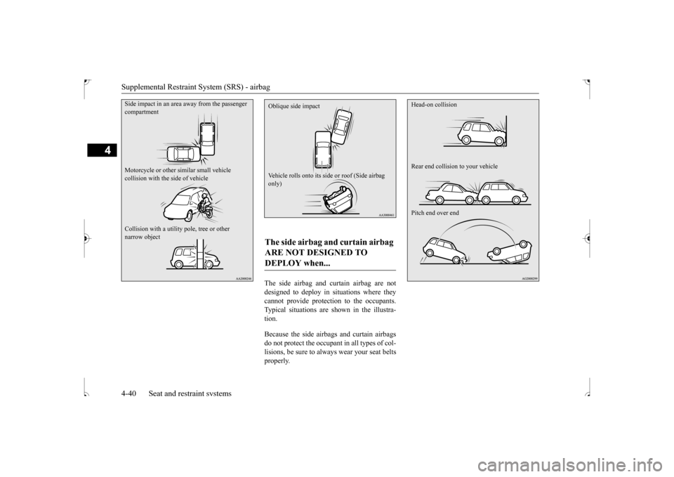 MITSUBISHI OUTLANDER SPORT 2017 3.G Owners Manual Supplemental Restraint System (SRS) - airbag 4-40 Seat and restraint systems
4
The side airbag and curtain airbag are not designed to deploy in situations where they cannot provide protection to the o