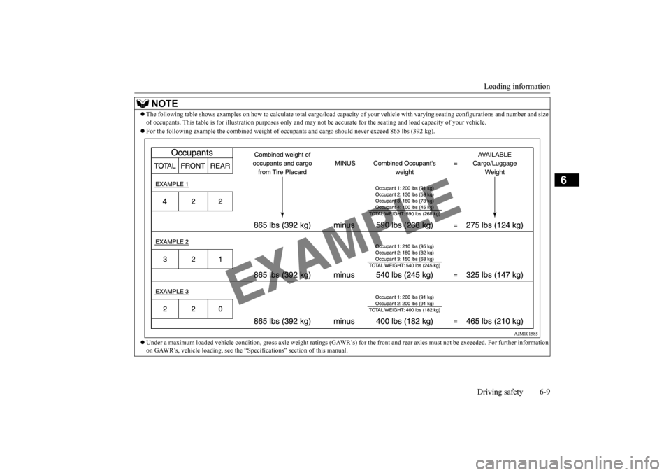 MITSUBISHI iMiEV 2017 1.G Owners Manual Loading information Driving safety 6-9
6
NOTE
 The following table shows examples on how to
 calculate tota
l cargo/load capacity of your vehi
cle with varying seating configura
tions and number an
