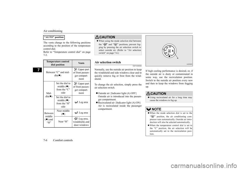 MITSUBISHI iMiEV 2017 1.G Owners Manual Air conditioning 7-6 Comfort controls
7
The vents change to the following positions according to the position of the temperaturecontrol dial. Refer to “Temperature
control dial” on page
7-5.
N0 MITSUBISHI iMiEV 2017 1.G Owners Manual Air conditioning 7-6 Comfort controls
7
The vents change to the following positions according to the position of the temperaturecontrol dial. Refer to “Temperature
control dial” on page
7-5.
N0
