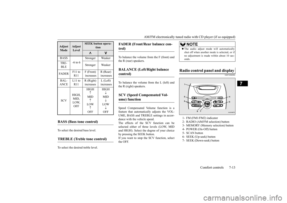 MITSUBISHI iMiEV 2017 1.G Owners Manual AM/FM electronically tuned radio with CD player (if so equipped)
Comfort controls 7-13
7
To select the desired bass level. To select the desi
red treble level.
To balance the volume from the F (fro MITSUBISHI iMiEV 2017 1.G Owners Manual AM/FM electronically tuned radio with CD player (if so equipped)
Comfort controls 7-13
7
To select the desired bass level. To select the desi
red treble level.
To balance the volume from the F (fro