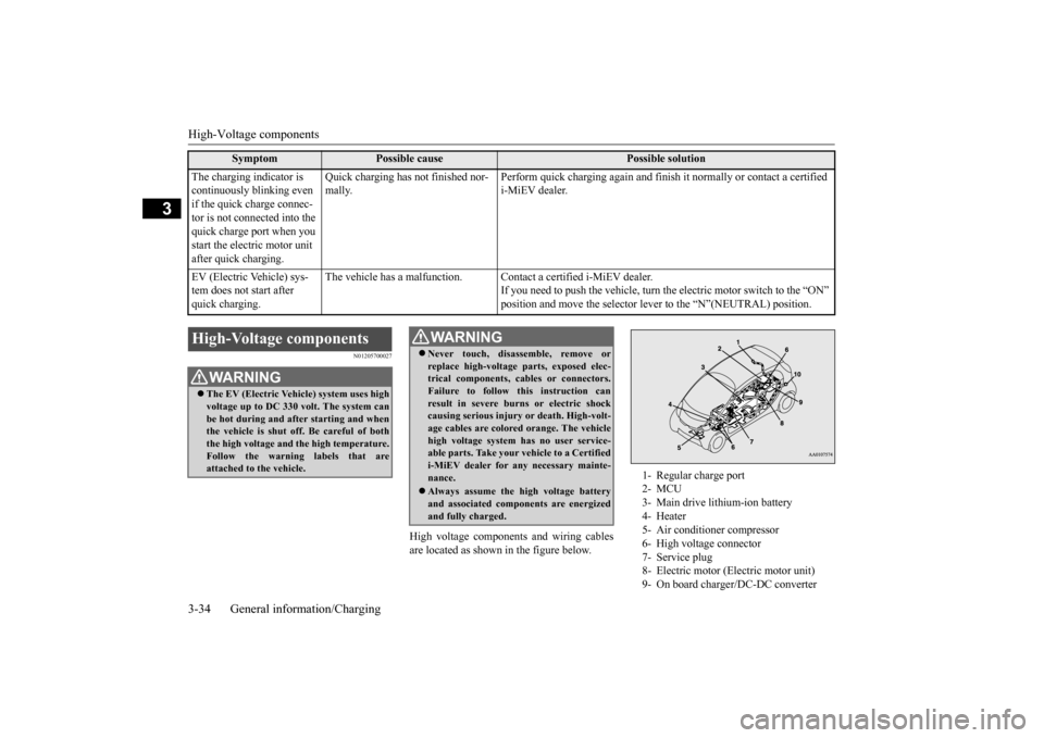 MITSUBISHI iMiEV 2017 1.G Owners Manual High-Voltage components 3-34 General information/Charging
3
N01205700027
High voltage components and wiring cables are located as shown in the figure below.
The charging indicator is continuously bl MITSUBISHI iMiEV 2017 1.G Owners Manual High-Voltage components 3-34 General information/Charging
3
N01205700027
High voltage components and wiring cables are located as shown in the figure below.
The charging indicator is continuously bl