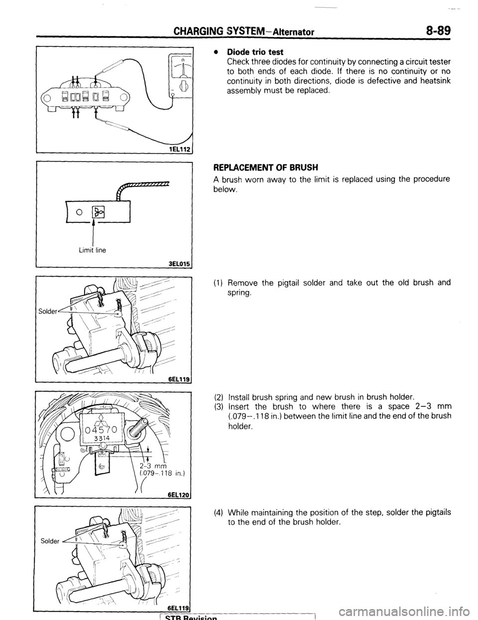 MITSUBISHI MONTERO 1987 1.G Workshop Manual CHARGING SYSPE 8-89 
lELll2 
, 
l Diode trio test 
Check three diodes for continuity by connecting a circuit tester 
to both ends of each diode. If there is no continuity or no 
continuity in both dir