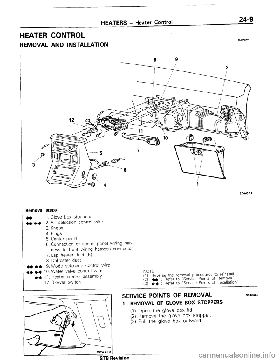 MITSUBISHI MONTERO 1987 1.G Workshop Manual HEATERS - Heater Control 24-9 
HEATER CONTROL 
N24GA- 
REMOVAL AND INSTALLATION 
2QW824 
Removal steps 
4+ 1. Glove box stoppers 
++ ~~ 2. Air selection control wire 
3. Knobs 
4. Plugs 
5. Center pan