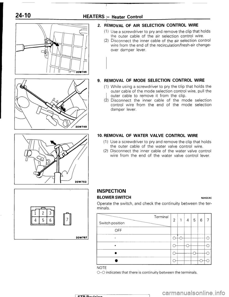 MITSUBISHI MONTERO 1987 1.G Workshop Manual 24-10 HEATERS I- Heater Control 
2ow7a7 
VIOVAL OF AIR SELECTION CONTROL WIRE 
Use a screwdriver to pry and remove the clip that holds 
the outer cable of the air selection control wire. 
Disconnect t