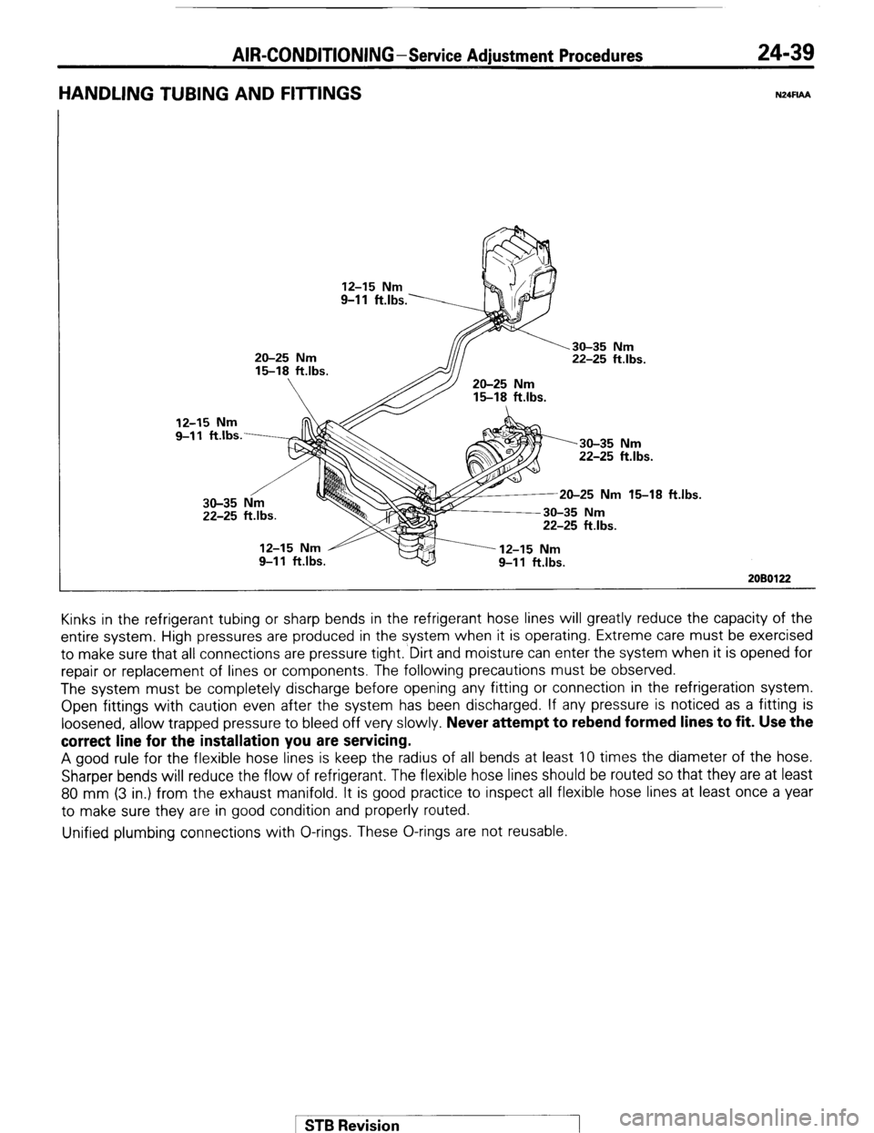 MITSUBISHI MONTERO 1987 1.G Workshop Manual AIR-CONDITIONING-Service Adjustment Procedures 24-39 
HANDLING TUBING AND FllTlNGS N24FlAA 
12-15 Nm 
9-l 1 ft.lbs. 
20-25 Nm 
15-18 ftlbs. 
 22-25 ftlbs. 
15-18 ft.lbs. 
20-25 Nm 15-18 ft 
2080122 Ki