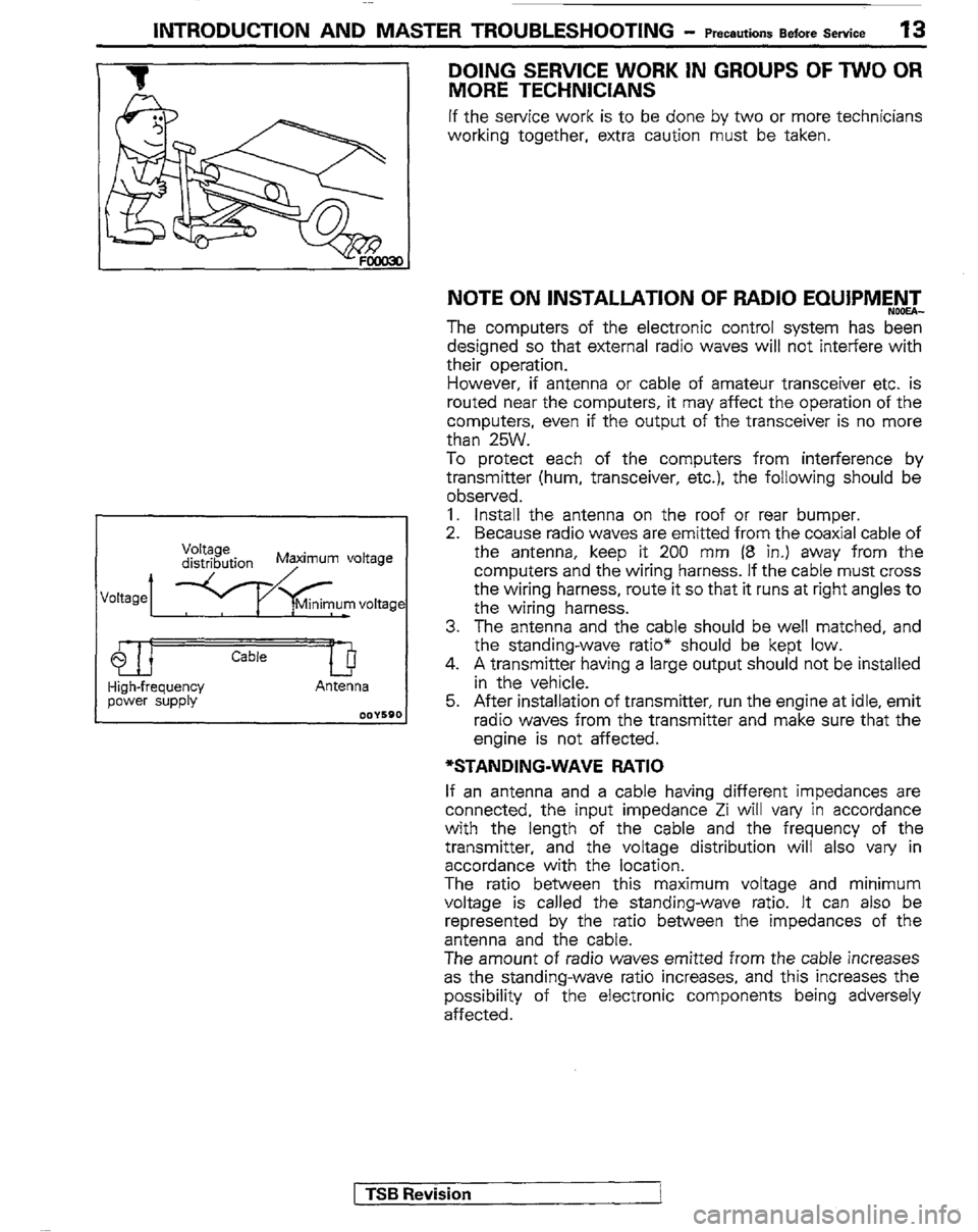 MITSUBISHI MONTERO 1989 1.G Workshop Manual INTRODUCTION AND MASTER TROUBLESHOOTING - t+mwtions Before Service ‘I3
DOING SERVICE WORK IN GROUPS OF TWO OR
MORE TECHNICIANS
If the service work is to be done by two or more technicians
workin MITSUBISHI MONTERO 1989 1.G Workshop Manual INTRODUCTION AND MASTER TROUBLESHOOTING - t+mwtions Before Service ‘I3
DOING SERVICE WORK IN GROUPS OF TWO OR
MORE TECHNICIANS
If the service work is to be done by two or more technicians
workin