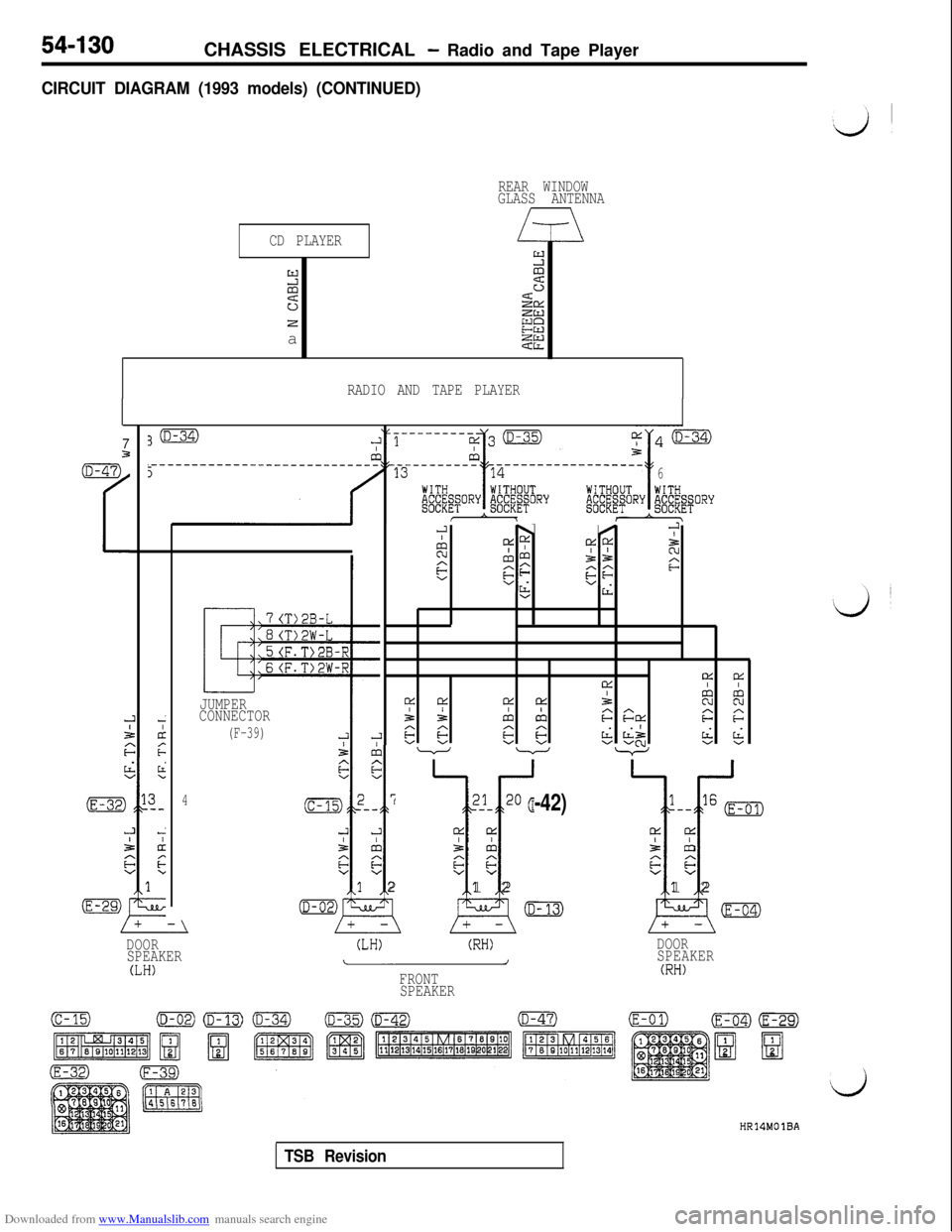 MITSUBISHI 3000GT 1993 2.G Workshop Manual Downloaded from www.Manualslib.com manuals search engine 54-130CHASSIS ELECTRICAL - Radio and Tape Player
CIRCUIT DIAGRAM (1993 models) (CONTINUED)
REAR WINDOW
GLASS ANTENNA
/\
CD PLAYER/T\YYzz
~ciz
E
