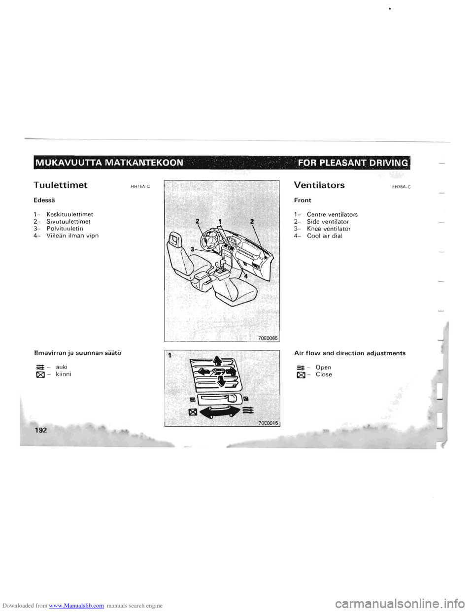MITSUBISHI PAJERO 1996 2.G Owners Manual Downloaded from www.Manualslib.com manuals search engine MUKAVUUTTA MATKANTEKOON FOR PLEASANT DRIVING 
Tuulettimet 
Edessa 
1- Keskituulettimet 
2 -Sivutuulettimet 3 -Polvituuletin 4 - Viileiin  ilman