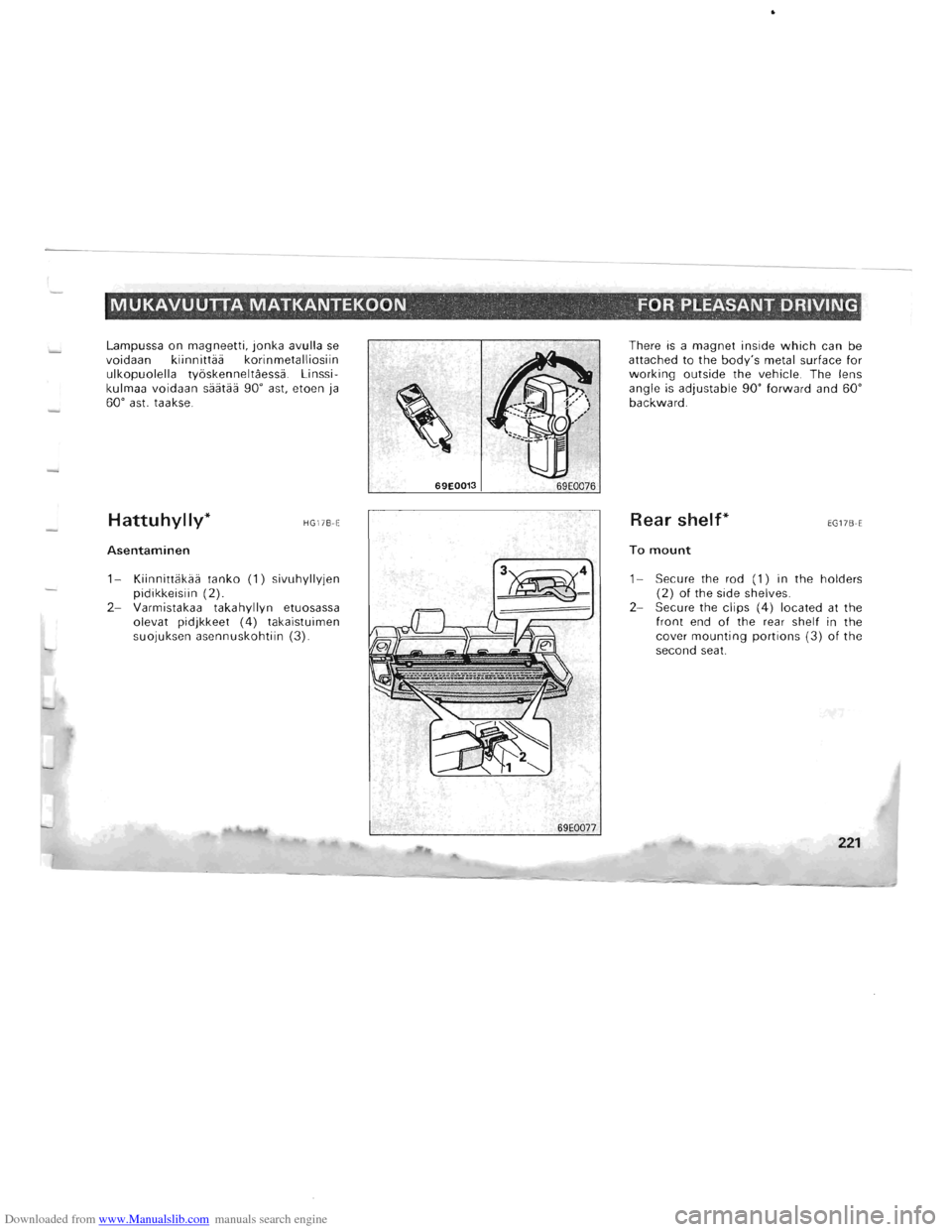 MITSUBISHI PAJERO 1996 2.G Owners Manual Downloaded from www.Manualslib.com manuals search engine MUKAVUUTTA MATKANTEKOON .  . FOR  PLEASANT DRIVING 
Lampussa on magneetti, jonka avulla se voidaan kiinnittaa korinmetalliosiin ulkopuolella ty
