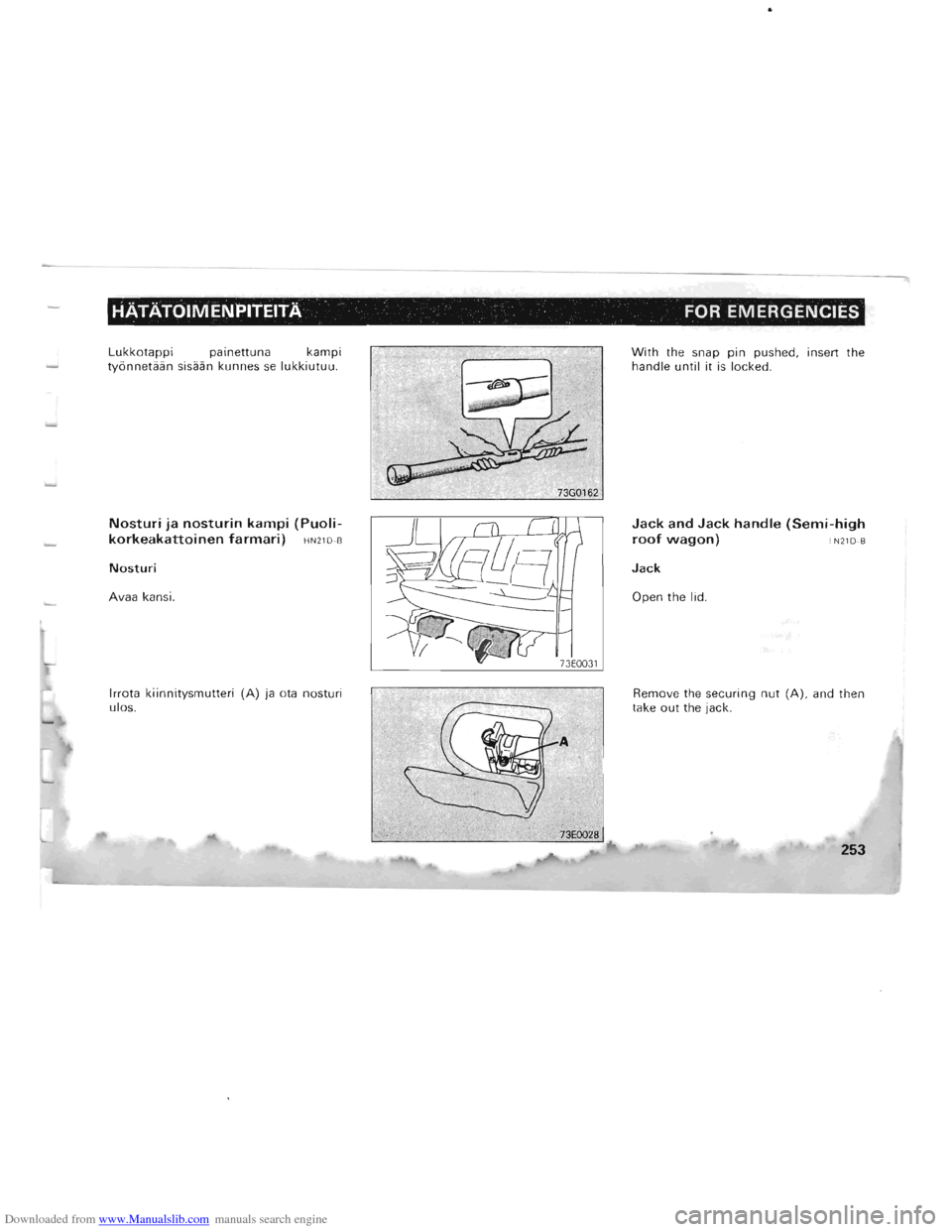 MITSUBISHI PAJERO 1996 2.G Owners Manual Downloaded from www.Manualslib.com manuals search engine L 
----------------
HATATOIMEN PITEITA . FOR EMERGENCIES 
Lukkotappi painettuna  kampi tyonnetaan sisaan kunnes se lukkiutuu. 
Nosturi ja nostu