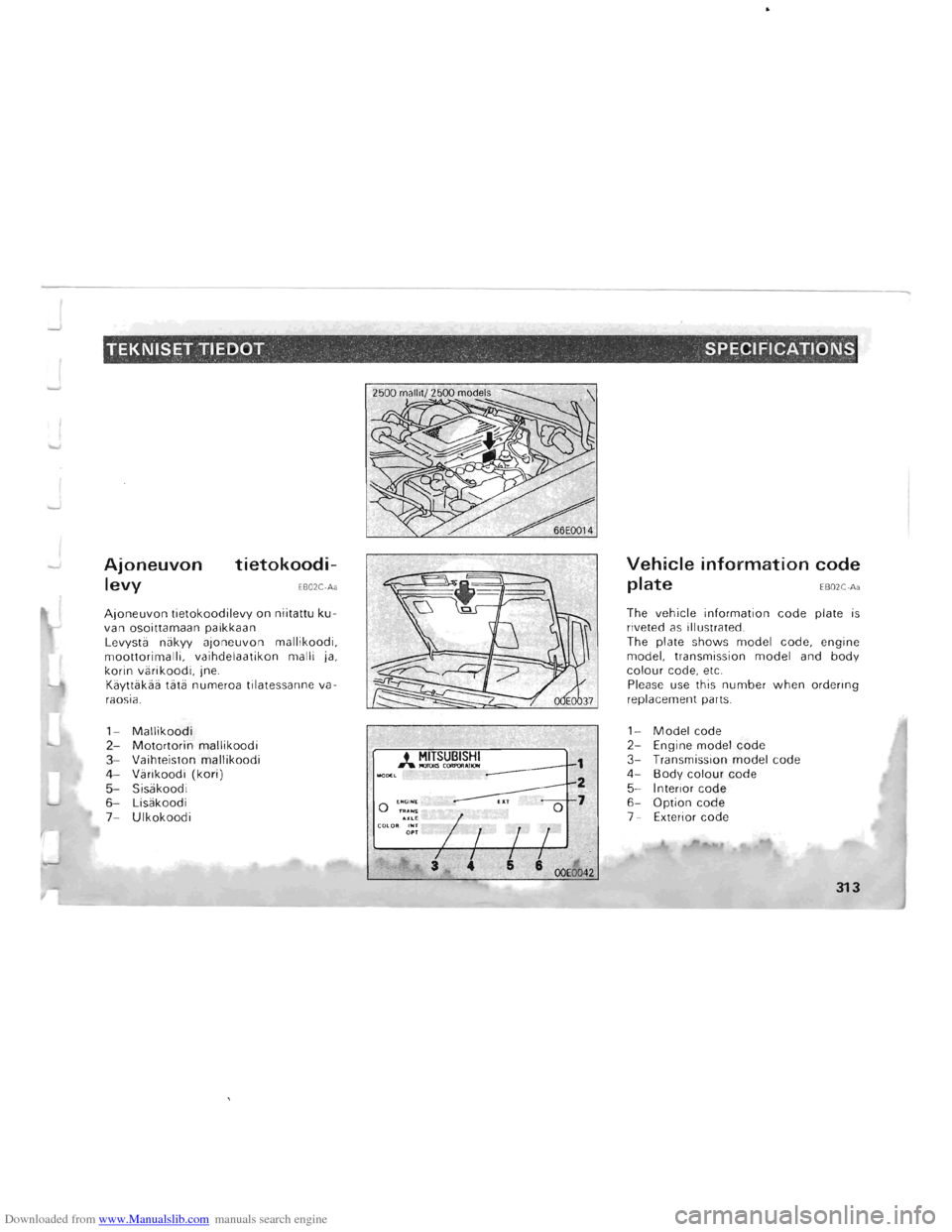 MITSUBISHI PAJERO 1996 2.G Owners Manual Downloaded from www.Manualslib.com manuals search engine TEKNISET TIEDOT  SPECIFICATIONS ,  
Ajoneuvon 
levy 
tietokoodi-
EB02C-Aa 
Ajoneuvon tietokoodilevy on niitattu ku­
van  osoittamaan  paikka