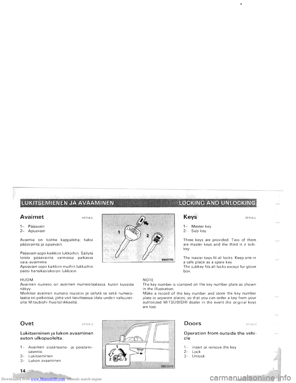 MITSUBISHI PAJERO 1996 2.G Owners Manual Downloaded from www.Manualslib.com manuals search engine :·LUKITSEMIENEN JA AVAAMINEN ", ": . ,, LOCKING ANO UNLOCKING; " J ,~
Avaimet
1-Paaavain 2-Apuavain
HFllA·L
Avaimia on kolme kapp MITSUBISHI PAJERO 1996 2.G Owners Manual Downloaded from www.Manualslib.com manuals search engine :·LUKITSEMIENEN JA AVAAMINEN ", ": . ,, LOCKING ANO UNLOCKING; " J ,~
Avaimet
1-Paaavain 2-Apuavain
HFllA·L
Avaimia on kolme kapp