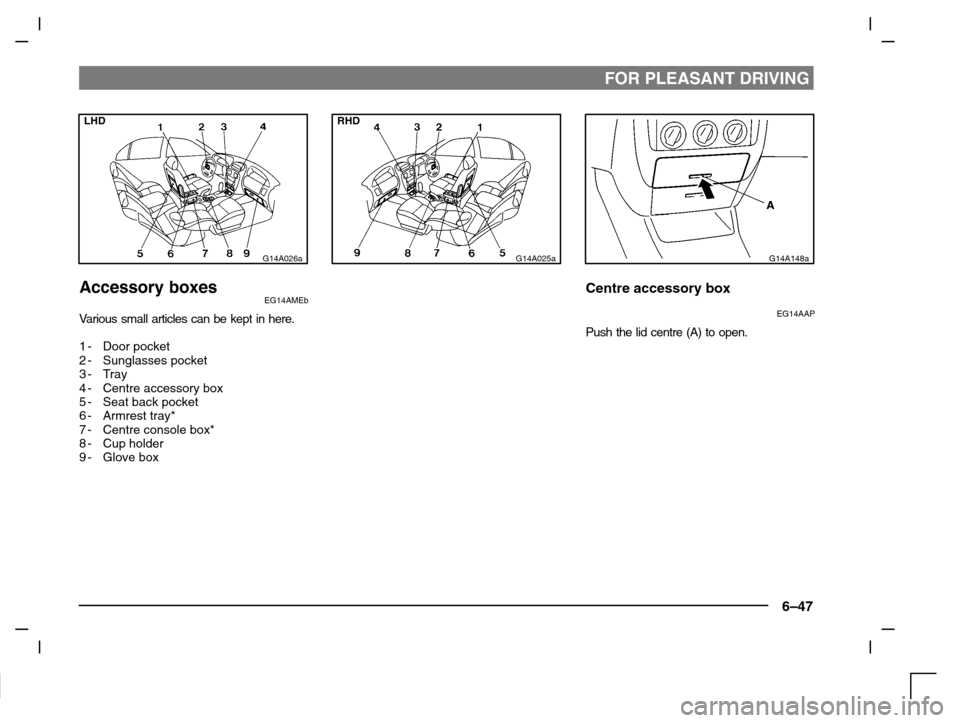 MITSUBISHI CARISMA 2000 1.G Owners Manual FOR PLEASANT DRIVING
6–47
LHD
G14A026a
Accessory boxesEG14AMEb
Various small articles can be kept in here.
1-Door pocket
2-Sunglasses pocket
3- Tray
4-Centre accessory box
5-Seat back pocket
6-Armre
