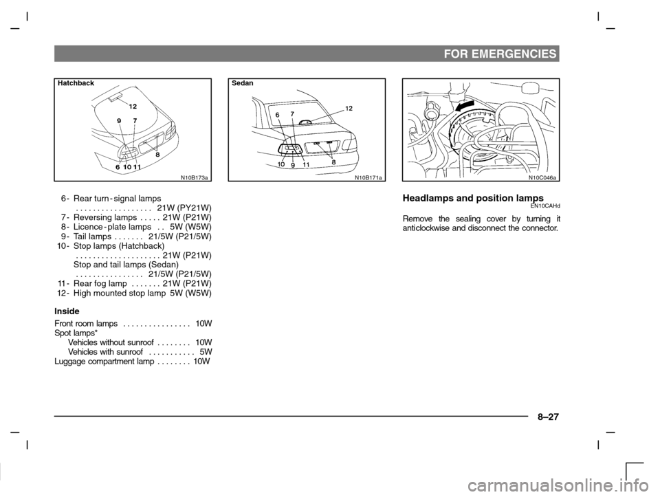 MITSUBISHI CARISMA 2000 1.G Owners Manual FOR EMERGENCIES
8–27
Hatchback
N10B173a
6-Rear turn - signal lamps
21W (PY21W) . . . . . . . . . . . . . . . . . . 
7-Reversing lamps 21W (P21W). . . . . 
8-Licence - plate lamps 5W (W5W). . 
9-Tail