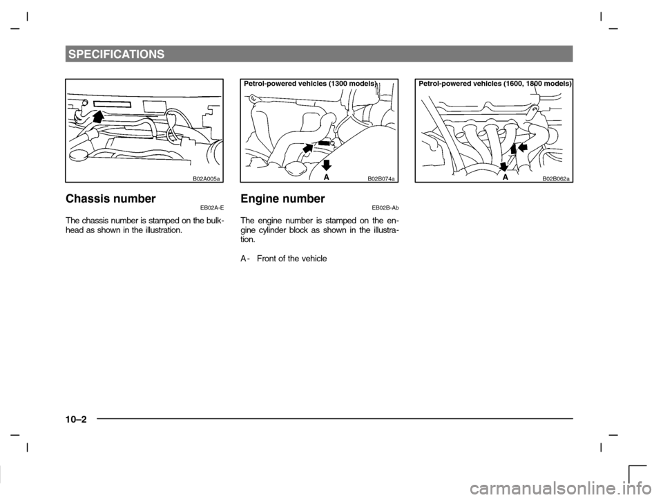 MITSUBISHI CARISMA 2000 1.G Owners Manual SPECIFICATIONS
10–2
B02A005a
Chassis numberEB02A-E
The chassis number is stamped on the bulk-
head as shown in the illustration.
Petrol-powered vehicles (1300 models)
B02B074a
Engine numberEB02B-Ab
