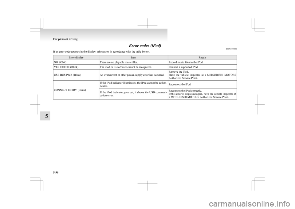 MITSUBISHI ASX 2009 1.G Owners Manual Error codes (iPod)
E00763500060
If an error code appears in the display, take action in accordance with the table below. Error display Item Repair
NO SONG There are no playable music files. Record mus