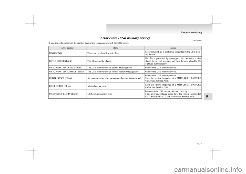 MITSUBISHI ASX 2009 1.G Owners Manual Error codes (USB memory device)
E00763600061
If an error code appears in the display, take action in accordance with the table below. Error display Item Repair
U NO SONG There are no playable music fi