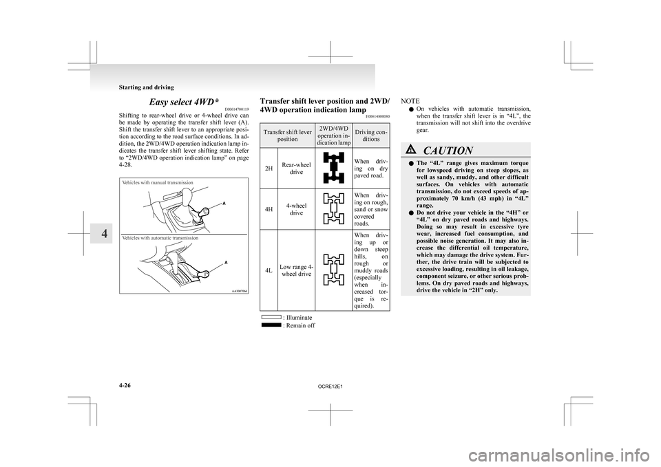 MITSUBISHI L200 2010 4.G Owners Manual Easy select 4WD*
E00614700119
Shifting
to rear-wheel drive or 4-wheel drive can
be made by operating the transfer shift lever (A).
Shift the transfer shift lever to an appropriate posi- MITSUBISHI L200 2010 4.G Owners Manual Easy select 4WD*
E00614700119
Shifting
to rear-wheel drive or 4-wheel drive can
be made by operating the transfer shift lever (A).
Shift the transfer shift lever to an appropriate posi-