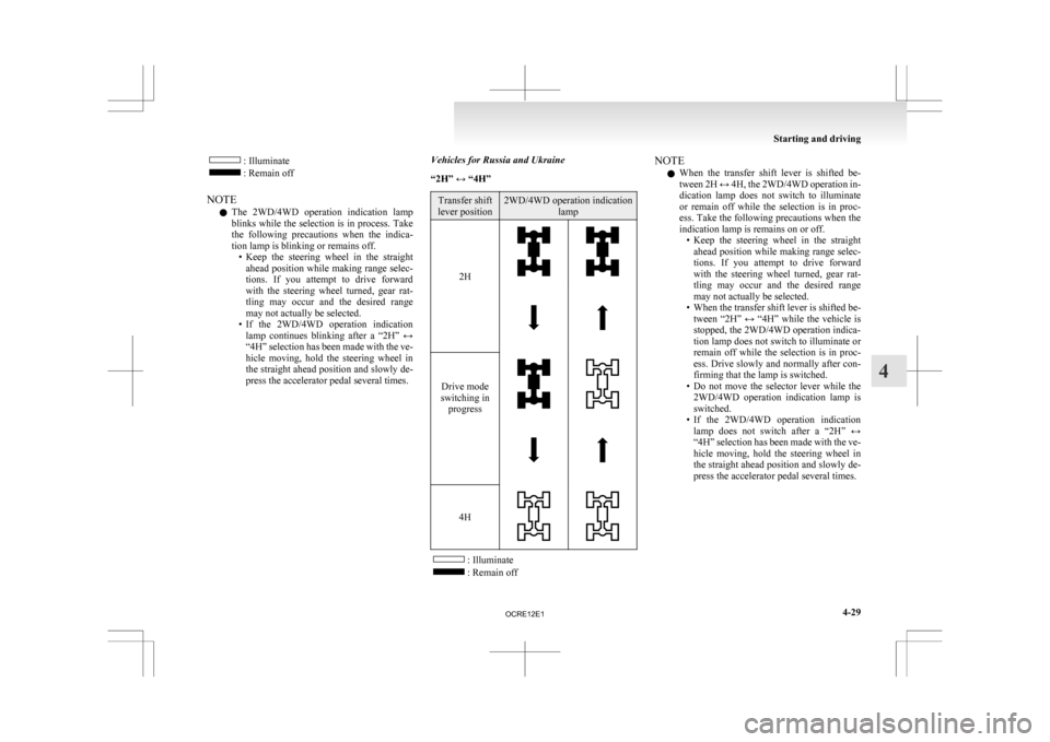 MITSUBISHI L200 2010 4.G Owners Manual : Illuminate
: Remain off
NOTE l The 
2WD/4WD  operation  indication  lamp
blinks while the selection is in process. Take
the  following  precautions  when  the  indica-
tion lamp is blinking or remai