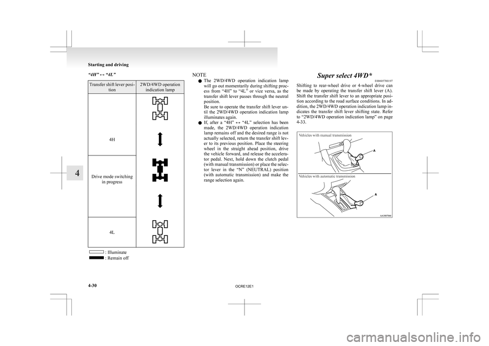 MITSUBISHI L200 2010 4.G Owners Manual “4H” ↔ “4L”
Transfer shift lever posi-
tion 2WD/4WD operation
indication lamp
  4H
Drive mode switching
in progress  
4L
: Illuminate
: Remain off NOTE
l The 
2WD/4WD  operation  indication 