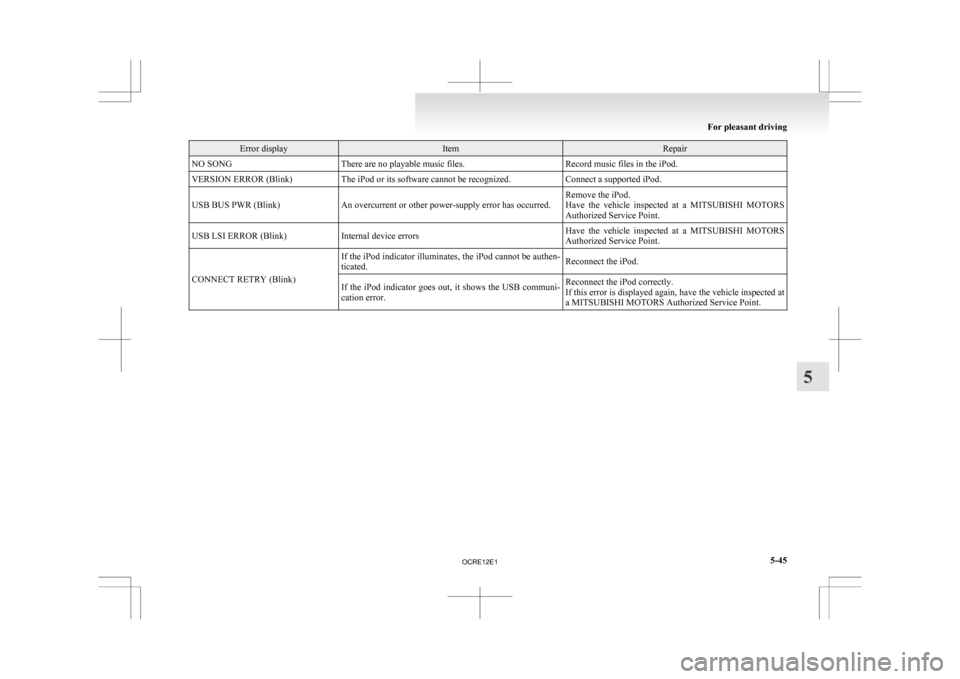 MITSUBISHI L200 2010 4.G Owners Manual Error display Item Repair
NO SONG There are no playable music files. Record music files in the iPod.
VERSION ERROR (Blink) The iPod or its software cannot be recognized. Connect a supported iPod.
USB 
