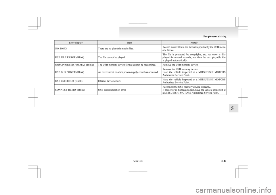 MITSUBISHI L200 2010 4.G Owners Manual Error display Item Repair
NO SONG There are no playable music files. Record music files in the format supported by the USB mem-
ory device.
USB FILE ERROR (Blink) The file cannot be played. The  file 