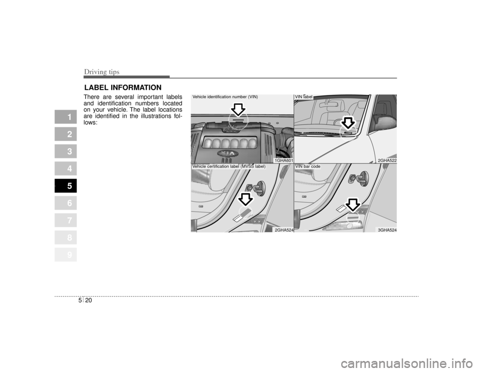 KIA Amanti 2004 1.G Owners Manual Driving tips20
5
1
2
3
4
5
6
7
8
9
LABEL INFORMATION   There are several important labels
and identification numbers located
on your vehicle. The label locations
are identified in the illustrations fo