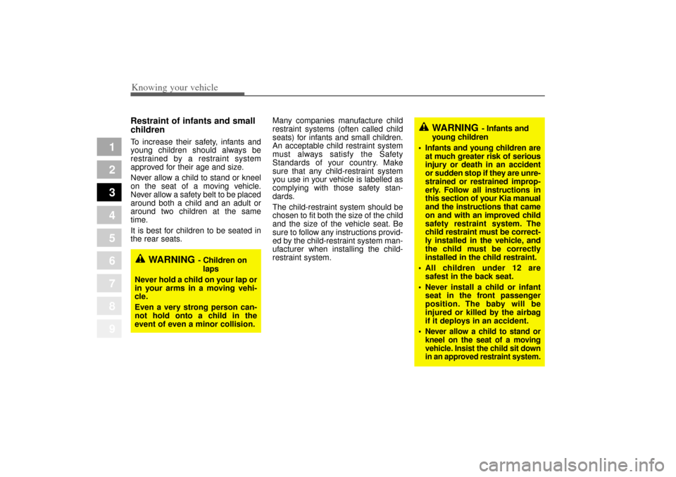 KIA Amanti 2004 1.G Owners Manual Knowing your vehicle48
3
1
2
3
4
5
6
7
8
9
Restraint of infants and small
children To increase their safety, infants and
young children should always be
restrained by a restraint system
approved for KIA Amanti 2004 1.G Owners Manual Knowing your vehicle48
3
1
2
3
4
5
6
7
8
9
Restraint of infants and small
children To increase their safety, infants and
young children should always be
restrained by a restraint system
approved for