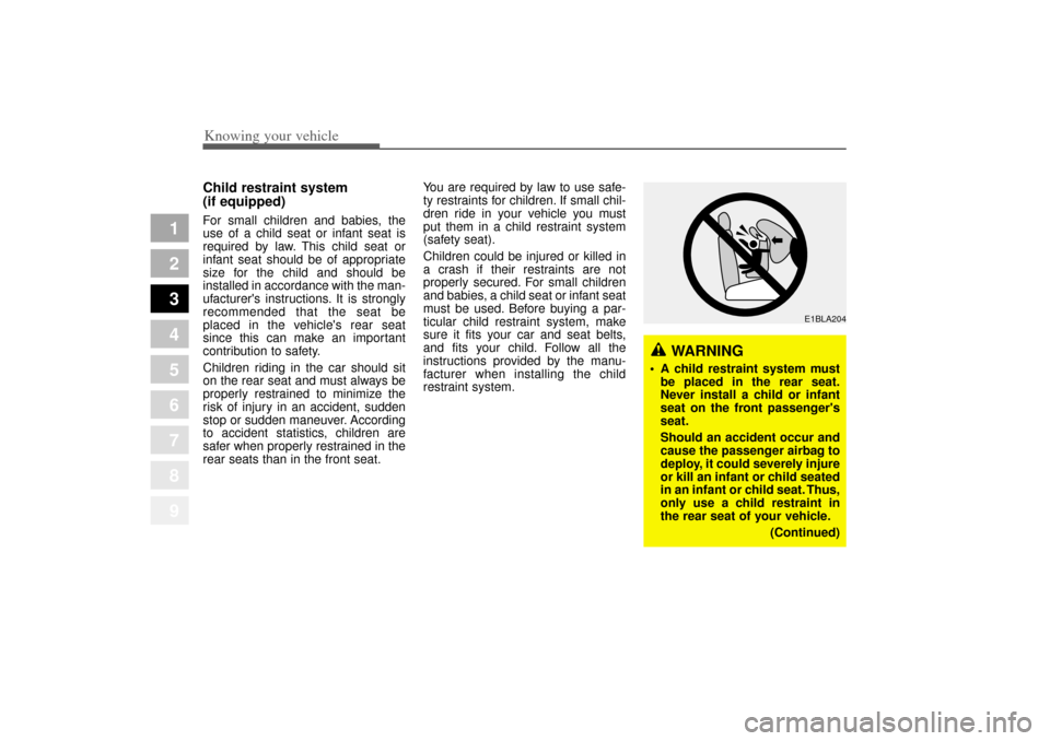 KIA Amanti 2004 1.G Owners Manual Knowing your vehicle50
3
1
2
3
4
5
6
7
8
9
Child restraint system
(if equipped)For small children and babies, the
use of a child seat or infant seat is
required by law. This child seat or
infant seat KIA Amanti 2004 1.G Owners Manual Knowing your vehicle50
3
1
2
3
4
5
6
7
8
9
Child restraint system
(if equipped)For small children and babies, the
use of a child seat or infant seat is
required by law. This child seat or
infant seat