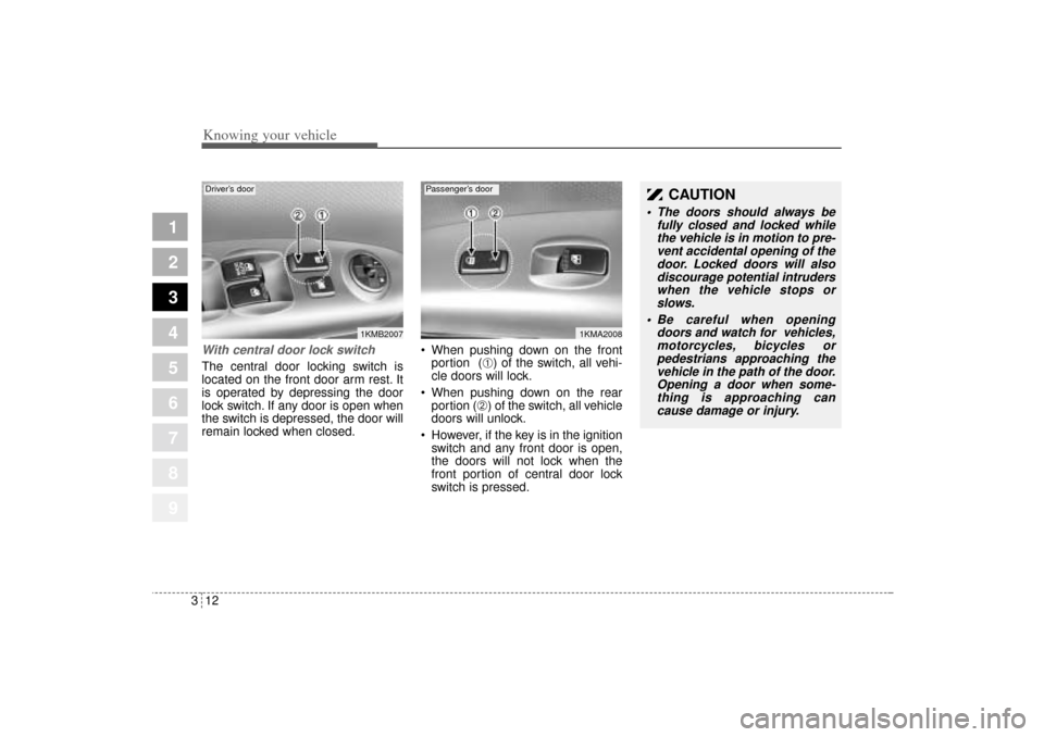 KIA Sportage 2005 JE_ / 2.G Owners Manual Knowing your vehicle12 3
1
2
3
4
5
6
7
8
9
With central door lock switchThe central door locking switch is
located on the front door arm rest. It
is operated by depressing the door
lock switch. If any KIA Sportage 2005 JE_ / 2.G Owners Manual Knowing your vehicle12 3
1
2
3
4
5
6
7
8
9
With central door lock switchThe central door locking switch is
located on the front door arm rest. It
is operated by depressing the door
lock switch. If any