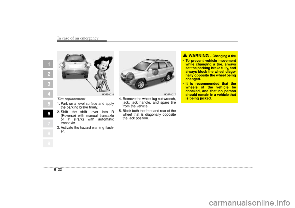 KIA Sportage 2005 JE_ / 2.G Owners Manual In case of an emergency22 6
1
2
3
4
5
6
7
8
9
Tire replacement 1. Park on a level surface and apply
the parking brake firmly.
2. Shift the shift lever into R
(Reverse) with manual transaxle
or P (Park
