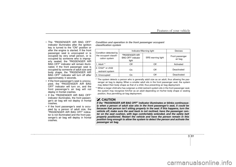 KIA Sedona 2006 1.G Owners Manual 381
Features of your vehicle
 The "PASSENGER AIR BAG OFF"indicator illuminates after the ignition
key is turned to the "ON" position or
after the engine is started. If the front
passenger seat is uno